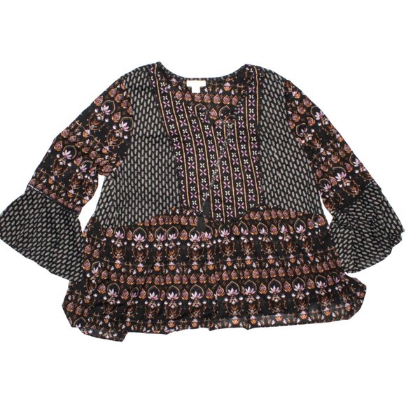 Style & Co Womans Plus Size 3X Bohemian Design Bell Sleeve Blouse Top Tassles - Picture 1 of 6